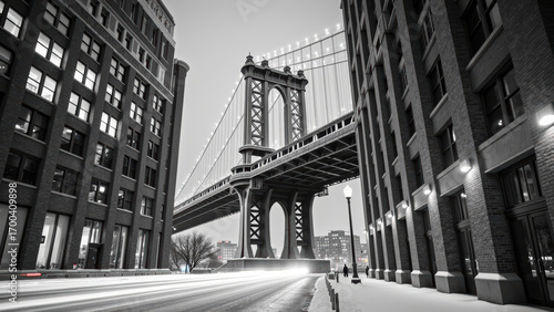 Stunning black and white view of Manhattan Bridge, showcasing its architectural beauty amidst urban buildings. scene captures serene winter