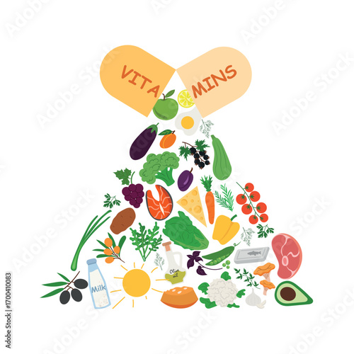 Capsule with vitamins spilling out of it. Vector of healthy food products rich in vitamins, minerals