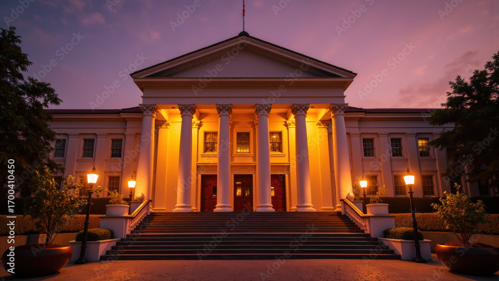 Obraz premium Grand building with tall columns illuminated dusk, showcasing architectural beauty and elegance. warm glow from lights enhances inviting