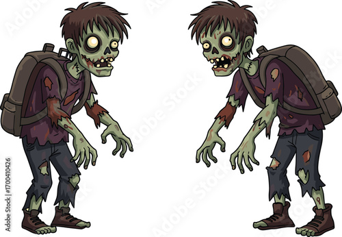 Two zombie kids with backpacks, undead children zombies, cartoon zombie kids, scary undead kids, zombie kids with torn clothes