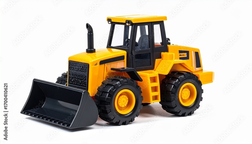 Fototapeta premium Plastic toy bulldozer with movable front blade durable wheels bright painted details construction vehicle play set designed for kids isolated on white background 