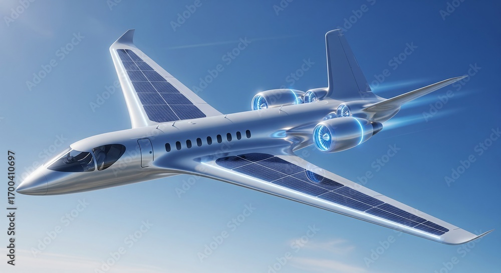 Obraz premium Futuristic Solar Powered Plane Concept for Sustainable Air Travel