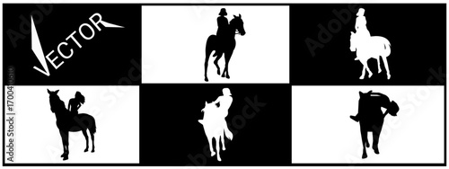Set of silhouettes of women horse riding, equestrian sport, show jumping, vector isolated on white background.