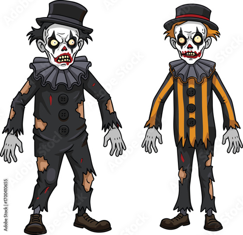 Two scary zombie clowns in torn costumes with creepy face paint, undead carnival characters, horror Halloween illustration