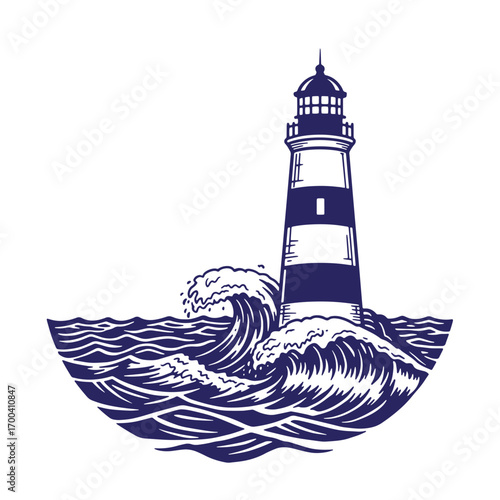Nautical illustration of a lighthouse standing strong amidst crashing ocean waves