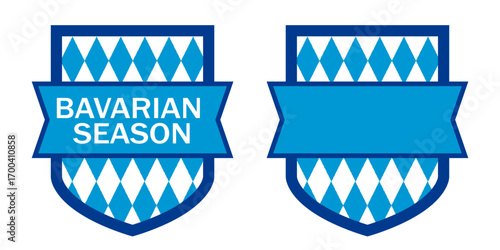Bavarian season shield badge with blue and white diamond pattern ribbon panel for Oktoberfest labels and festival branding