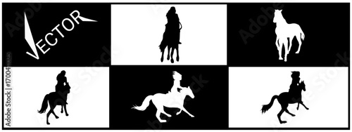 Horse silhouette with rider. Different poses, equestrian sport, Horseback riding. Vector illustration.