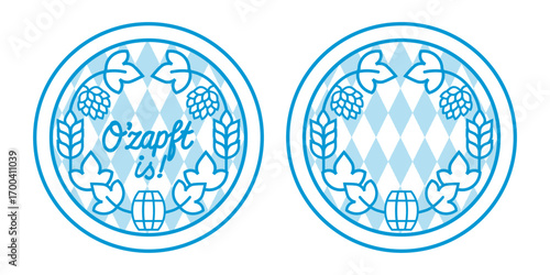 Ozapft is circular Bavarian badge with hops wheat barrel and blue white diamond pattern for Oktoberfest labels and packaging