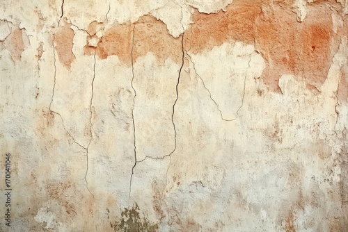 Aged, weathered stucco wall exhibits deep cracks and varying shades of beige and terracotta, showcasing a textured surface.
