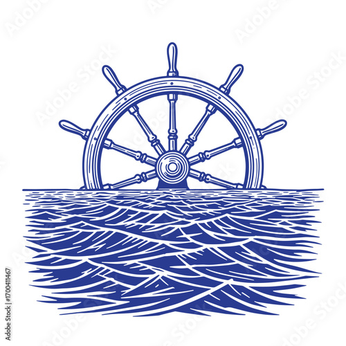 Nautical illustration of a ship wheel over the sea representing maritime navigation