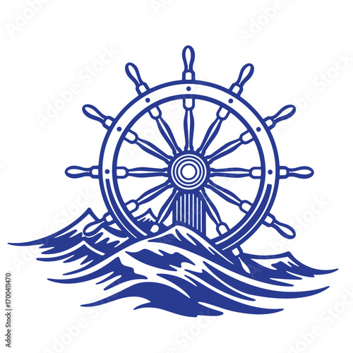 Nautical themed blue ship steering wheel on a white background with ocean waves