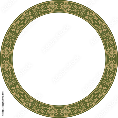 Vector round gold with green ancient Russian ornament. Slavic border, frame. Circle, ring. Painting of the royal chambers.
