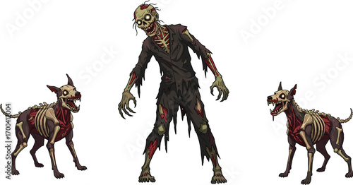 Undead zombie and two skeletal zombie dogs with exposed bones and tattered flesh, all snarling in eerie horror scene.