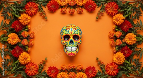 Day of the Dead marigold border with sugar skull, orange background, festive autumn floral design, space for text