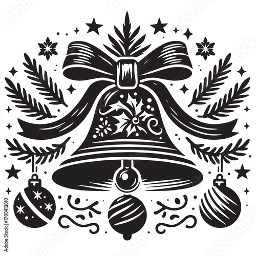 Black Christmas Bell Silhouette Vector Illustration design, Solid White Background