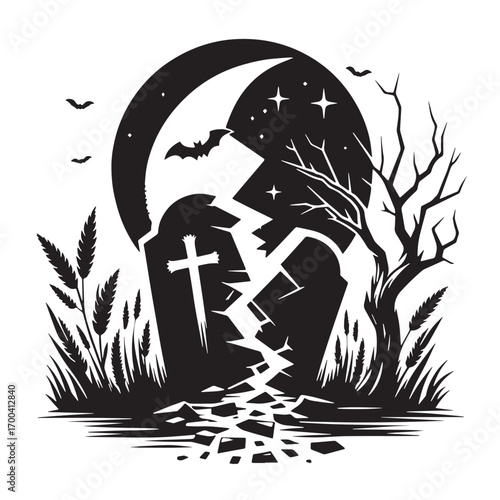 Black Broken Tombstone Silhouette Vector Illustration design, Solid White Background