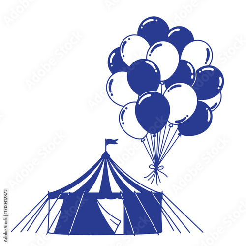 Simple blue and white circus tent with balloons vector illustration on white background