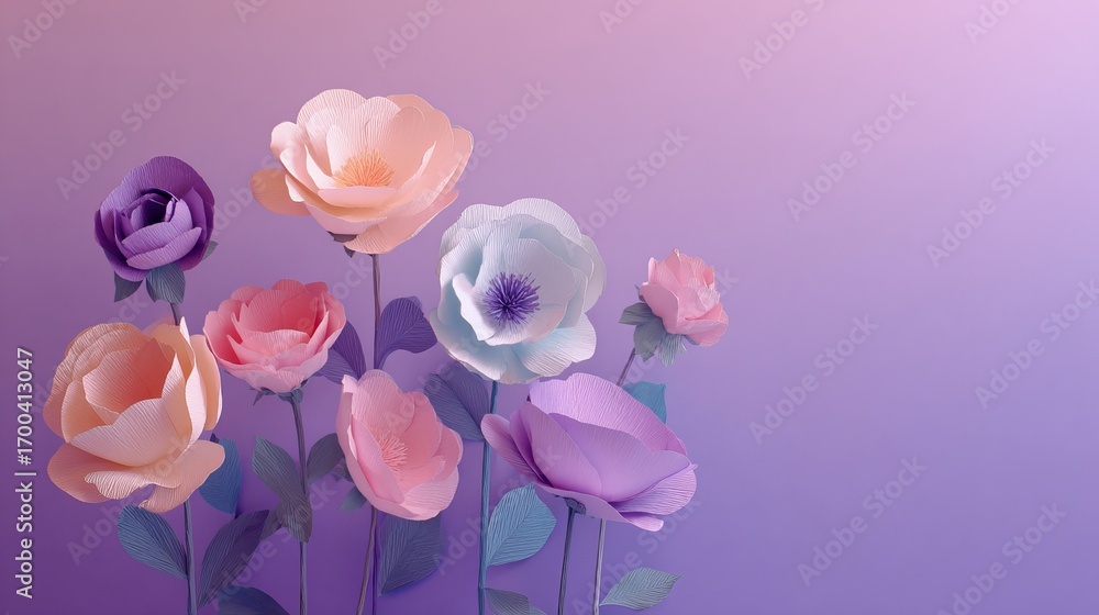 Obraz premium Elegant pastel flowers on a lilac background create a peaceful, calming mood for branding or creative projects needing a touch of spring beauty