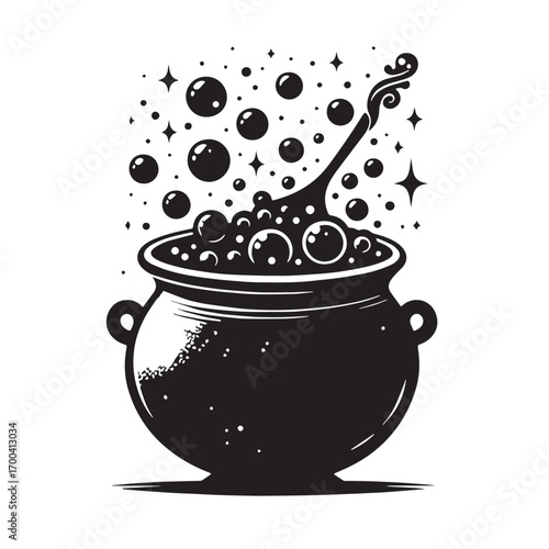 Black Cauldron with Bubbles Silhouette Vector Illustration design, Solid White Background