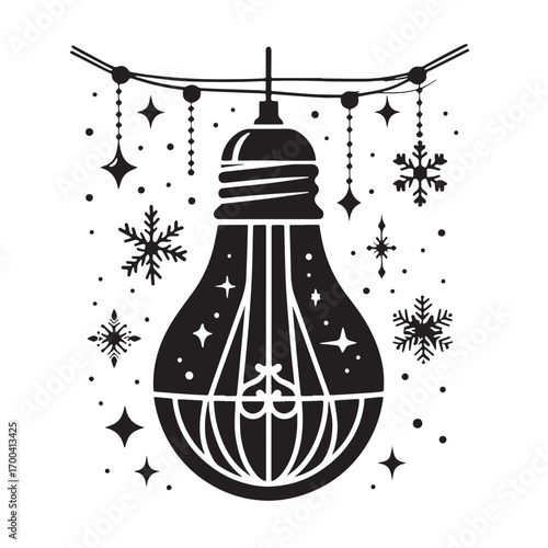 Black Christmas Light Bulb Silhouette Vector Illustration design, Solid White Background