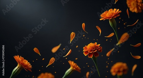 Marigold flower and falling petals for Day of the Dead celebration, vivid orange on dark background. Space for text