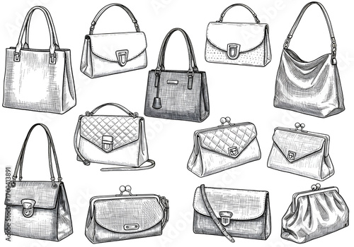 Illustration of Isolated Handbags Collection Black and White Fashion Accessories