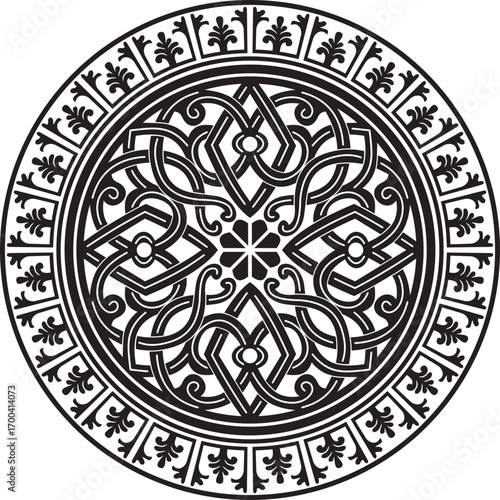 Vector black monochrome stencil round classic byzantine ornament. Circle, ring, border, Ancient Greece, Eastern Roman Empire frame. Decoration of the Russian Orthodox Church
