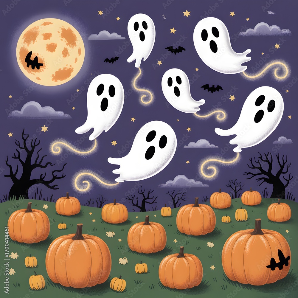 Fototapeta premium A whimsical Halloween seamless pattern features a cartoon ocean full of cute pumpkin-headed sea animals, including a dolphin, bat, cat, and ghost, swimming alongside an octopus