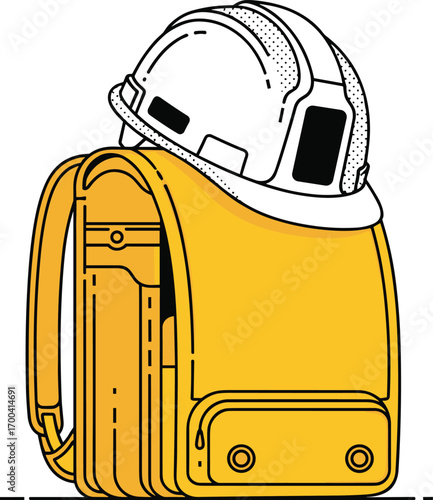 Yellow backpack with construction helmet, safety equipment concept, work gear illustration, engineering or construction theme, vector design, flat style, preparedness symbol, stock art