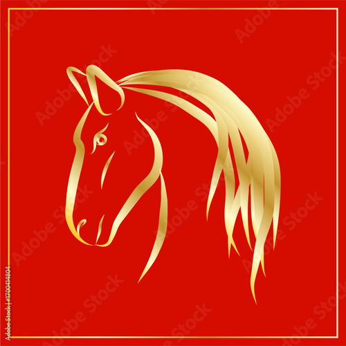 Lunar New Year Mascot Horse Portrait.  Calendar Mascot Animal Art. Gold Horse Outline Ink Silhouette Sketch Drawn. Hand Crafted China Zodiac Sign Contour. Greeting Gift Card Decoration Design.