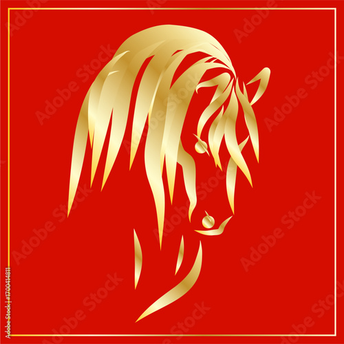 Lunar New Year Mascot Horse Portrait.  Calendar Mascot Animal Art. Gold Horse Outline Ink Silhouette Sketch Drawn. Hand Crafted China Zodiac Sign Contour. Greeting Gift Card Decoration Design.