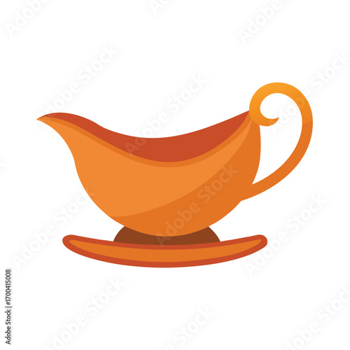Orange gravy boat with a saucer Keywords: gravy boat, sauce boat, serving dish, kitchenware