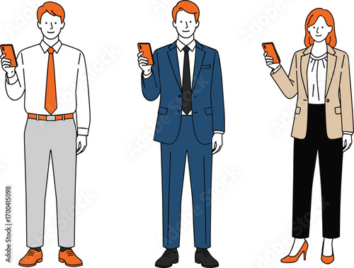 Business people illustration, corporate professionals holding smartphones, office attire fashion, male and female characters, vector design