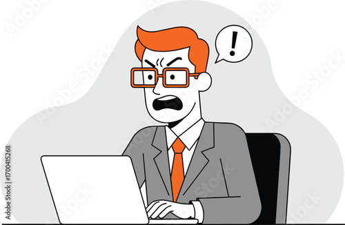 Angry businessman at laptop, professional character with orange glasses, exclamation mark symbol, frustration concept, work stress, vector design, flat style, stock art