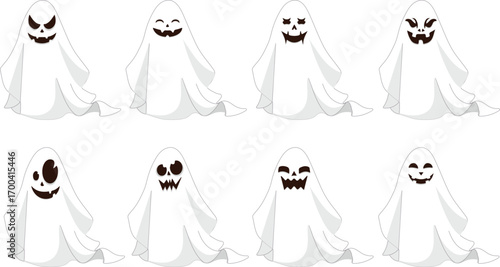 Vector set of ghost icons with different spooky and funny faces in flat design. Cute and light style suitable for Halloween, web design, mobile apps, decor and print