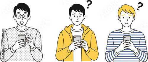 Confused people illustration, puzzled characters holding smartphones, question mark symbols, surprised expressions