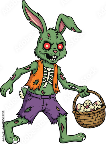Zombie bunny holding basket with cracked eggs, creepy undead Easter rabbit, horror cartoon character for Halloween and spooky design
