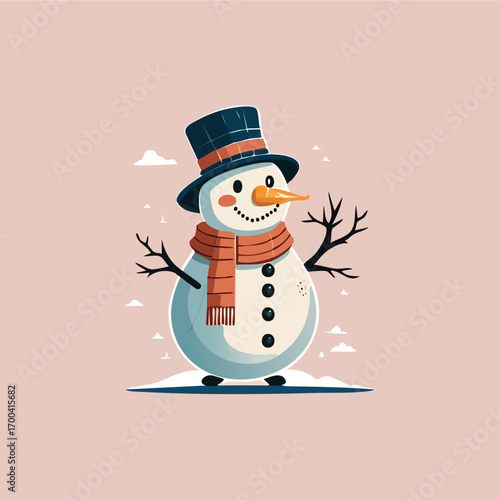 flat vector illustration of a happy snowman with a hat and carrot nose