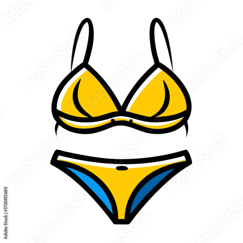 Stylized yellow bikini with blue trim against a solid black background representing summer fashion and beachwear