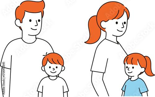 Cartoon family illustration, parents with children, father and son, mother and daughter, simple flat style, vector design, family relationship concept, stock art