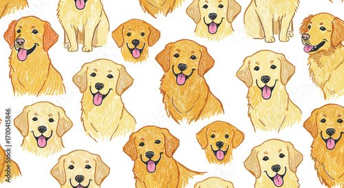 Hand-Drawn Crayon Style Dog Breeds Seamless Pattern on White Background