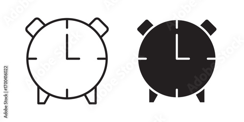 Alarm clock icon. Desktop clock. Concept of get up early, timer, schedule. Vector illustration with stroke and fill on a white background.