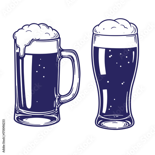 Two stylized beer glasses filled with ale and frothy foam on white background