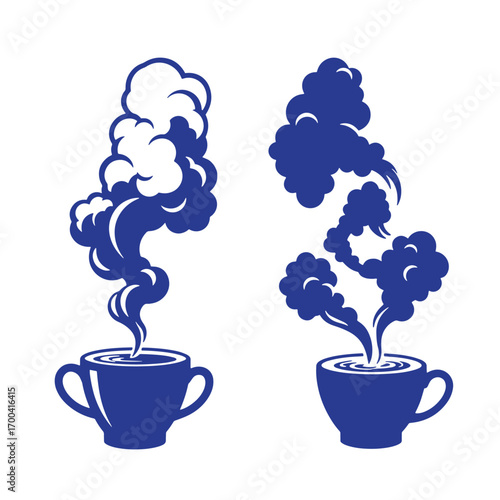 Two stylized coffee or tea cups emitting artistic steam with elegant design elements