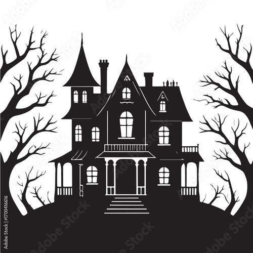 Black silhouette of a Victorian haunted house with bare trees