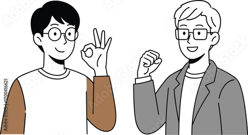 Two cartoon characters, confident gestures, vector illustration, minimal style, smiling people, positive body language, flat design, modern art, isolated background, friendly expressions, stock vector