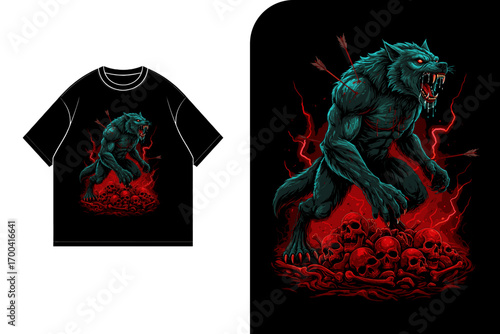 A ferocious werewolf, arrows piercing its body, stands amidst a pile of skulls, depicted on a black t-shirt design.