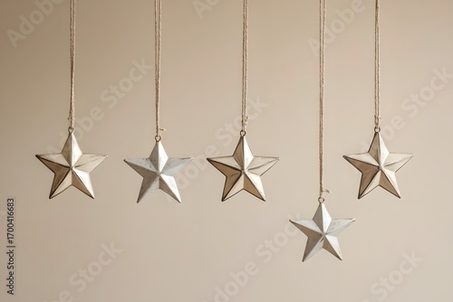 Christmas stars holiday ornaments with metallic decoration and festive hanging in elegant design with minimalist decor golden stars and silver stars