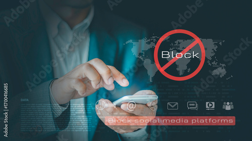 Block social media platforms restrict people, concept of limiting time on social networks, banning in the country, or digital detox
