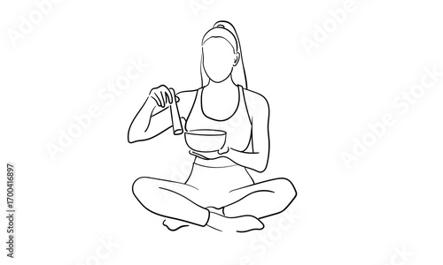 Woman meditating with singing bowls isolated on white background. Relax line art drawing. Vector illustration	